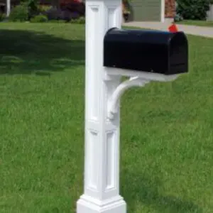 A Mayne Charleston Mail Post With Gibraltor Elite Mailbox - Installation Included in front of a house.