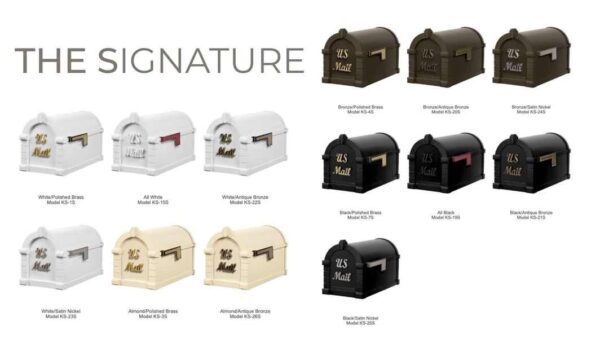 The Gaines Keystone Deluxe - Installation Package -(Cuff Not Included) mailboxes are shown in different colors.