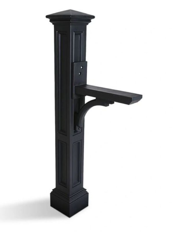 A black post with a shelf on it.