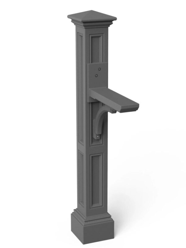 An image of a gray post with a shelf on it.