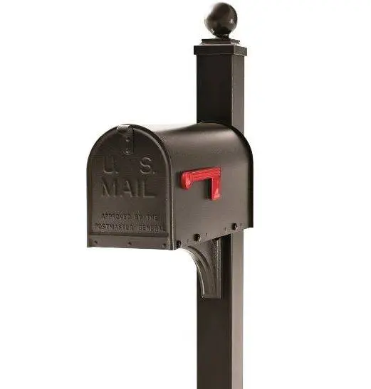A black mailbox on a white background.