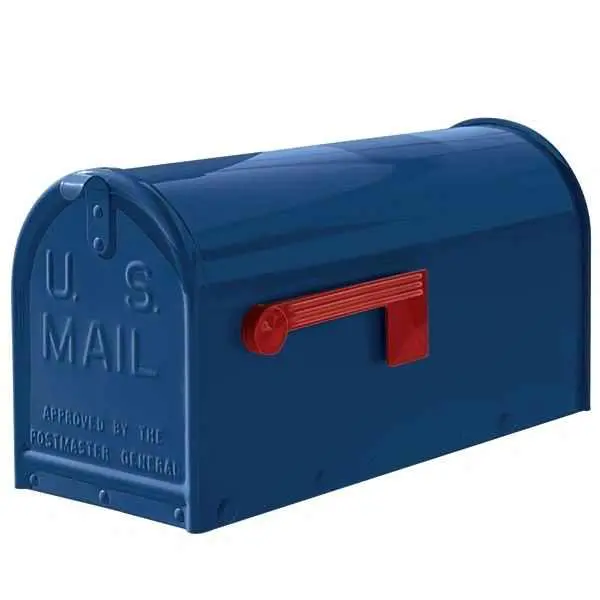 A blue mailbox with a red handle.