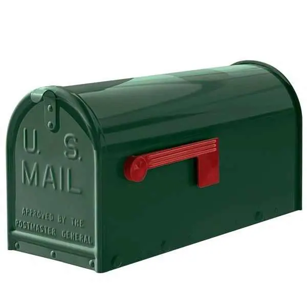 A green mailbox with a red handle.