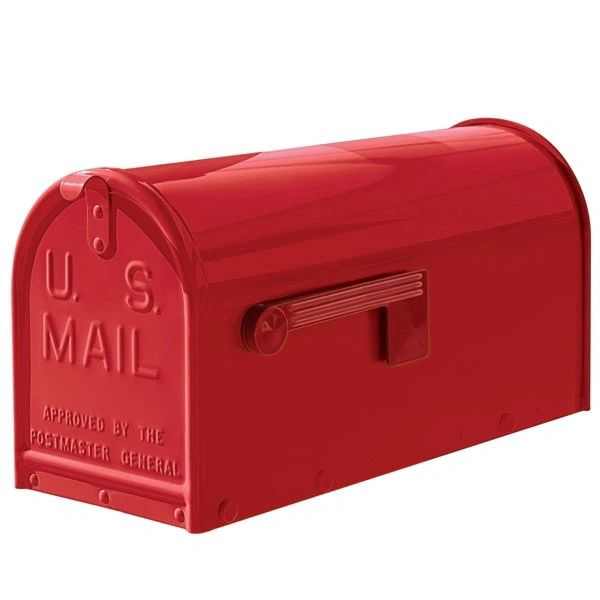A red mail box on a white background.