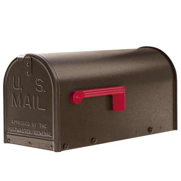 A black mailbox with a red handle.