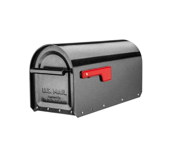 A Gibraltar Landover Mailbox Post with Sequoia Mailbox Installation Package with a red handle.