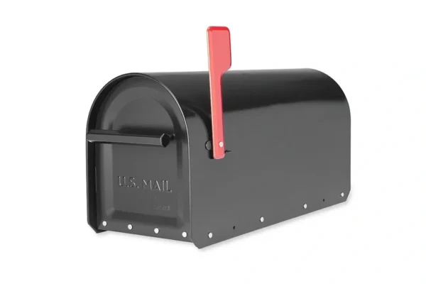A Gibraltar Landover Mailbox Post with Sequoia Mailbox Installation Package with a red handle.