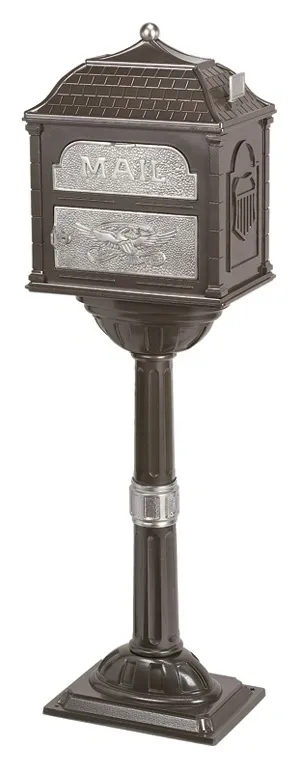 A Gaines Classic Mailbox With Satin Nickel Accent with Installation on a pedestal with a metal base.