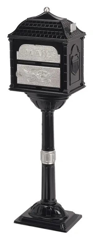 A Gaines Classic Mailbox With Satin Nickel Accent with Installation on top of a pedestal.