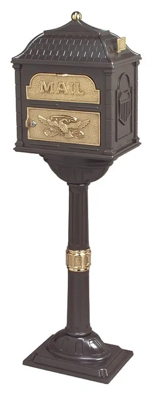 A Gaines Classic Mailbox With Polished Brass Accent - Installation Included with a gold top and a black base.
