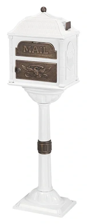 A Gaines Classic Mailbox With Antique Bronze Accent Includes Installation on a pedestal.