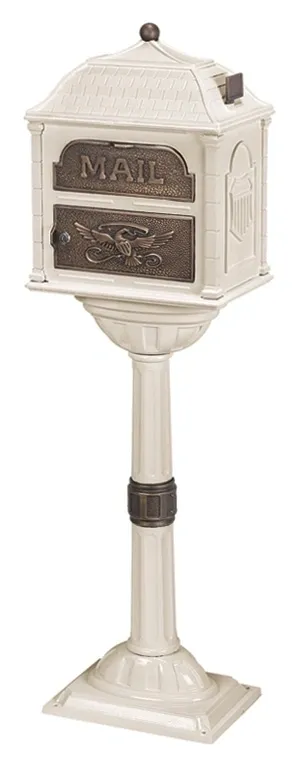 A Gaines Classic Mailbox With Antique Bronze Accent Includes Installation on a pedestal.
