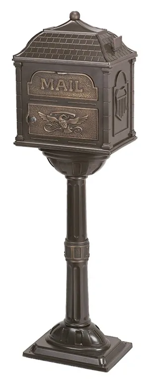 A Gaines Classic Mailbox With Antique Bronze Accent Includes Installation on a pedestal with a Gaines Classic Mailbox With Antique Bronze Accent Includes Installation on top.