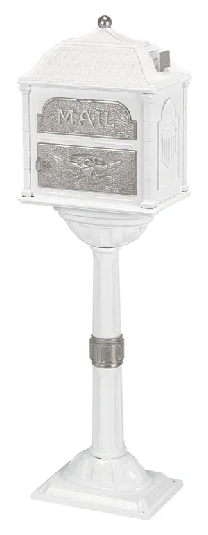 A Gaines Classic Mailbox With Satin Nickel Accent with Installation on a pedestal.