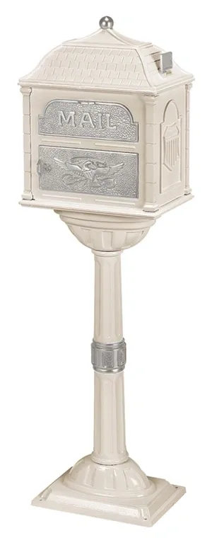 A white Gaines Classic Mailbox With Satin Nickel Accent with Installation on a pedestal.