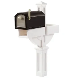 A Step 2 Mailmaster® Hudson Mailbox With Planter™ - Installation Included on a pole with a black mailbox.