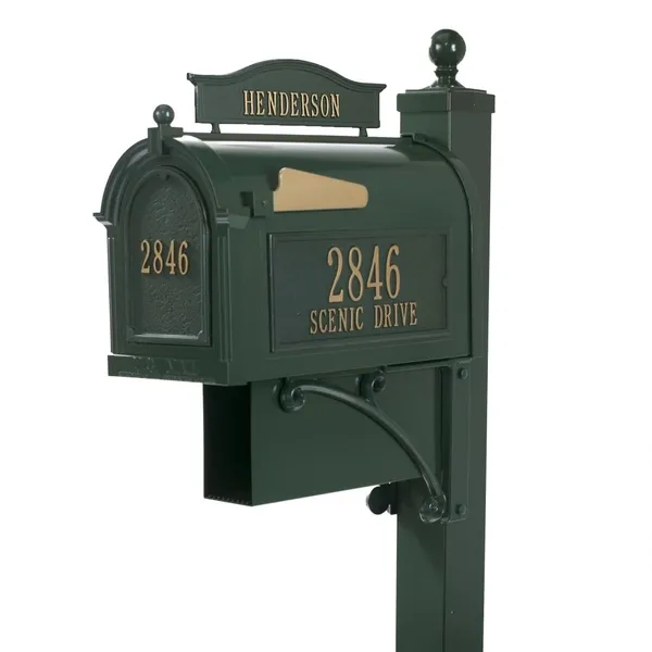 A green mailbox with a number on it.
