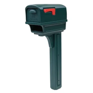 A Gibraltar Gentry Mailbox & Post Combo - Installation Included with a red handle.