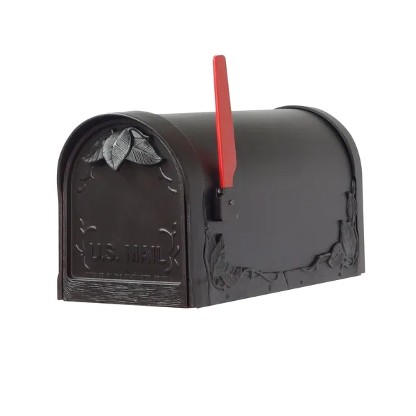 A black mailbox with a red handle.