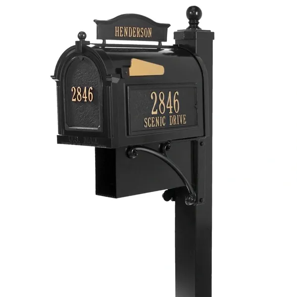 A black mailbox with a number on it.