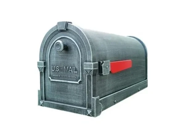 A mailbox with a red handle on it.